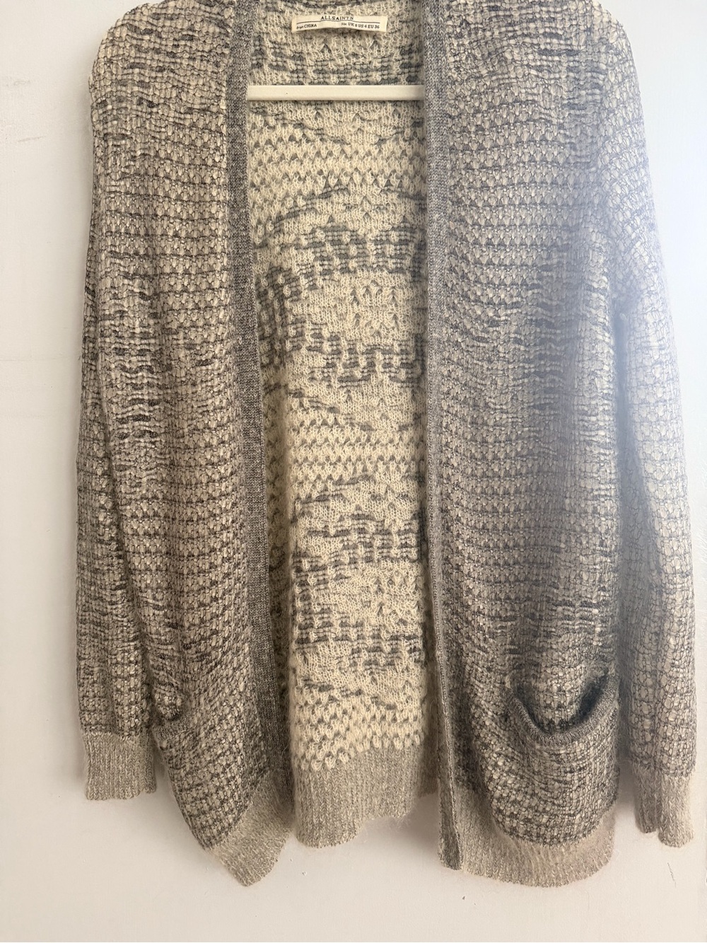AllSaints Two-Tone Open Front Cardigan - Cream & Gray